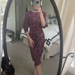 Zara XS Ruched Pink Floral Midi Dress